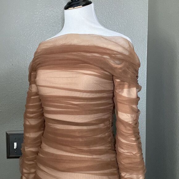 SEPIA BOUTIQUE Maisie Dress Brown Tulle Off Shoulder Bodycon - Picture 4 of 15